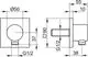 KE Schlauchanschluss von Keuco, dargestellt in technischer Zeichnung mit Angaben zu Abmessungen und Anschlussgröße, quadratisches Design mit runder Ausführung.